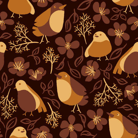 Autumn floral birds repeat pattern fabric print backgroundのイラスト素材