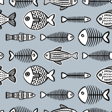 Fun fish bones pattern in black and white line drawing and grey blue background. Vector art print design.のイラスト素材