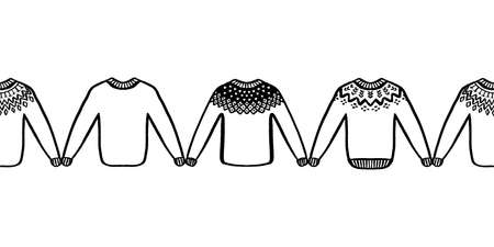 Sweater border representing Iceland traditional wool clothes in black and white. Vector hand drawn art print design.のイラスト素材