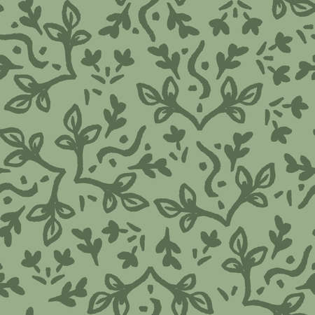 Henna botanical pattern repeat in monotone green background print design. Hand drawn vector illustration art.のイラスト素材