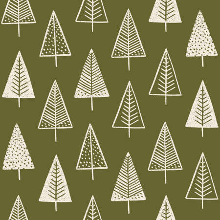 Tree pattern block printing repeat design in green and handmade wood carving illustration