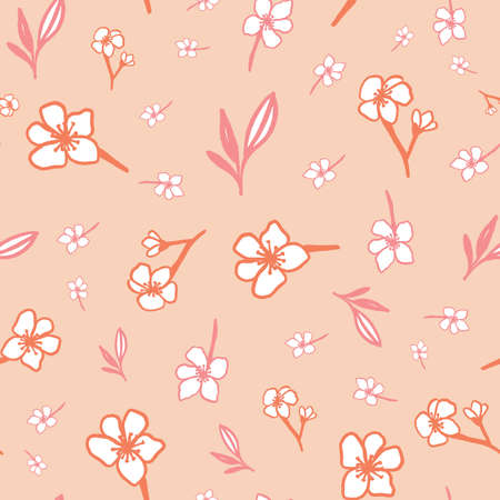 Ditsy floral seamless pattern with pink cherry blossom on coral background. Sakura flower vector illustrationのイラスト素材