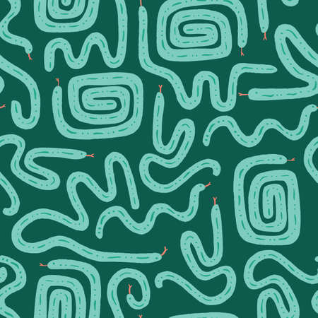 Fun geometric snakes pattern for kids and cute design projects. Monochrome green seamless surface...