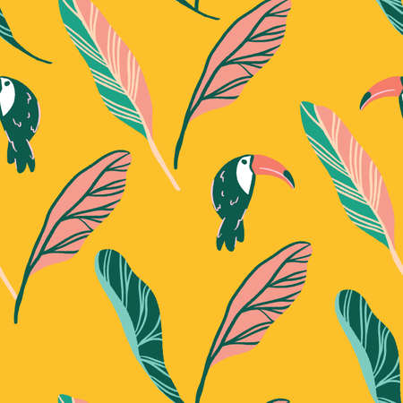 Toucan pattern repeat with tropical jungle leaves in yellow backgroundのイラスト素材