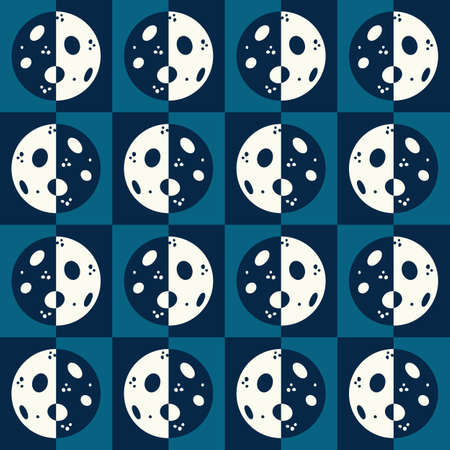 Retro moon phases - Square checks seamless pattern in blue and beigeのイラスト素材
