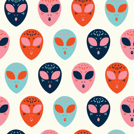 Colorful alien faces - retro seamless pattern design in vintage colorsのイラスト素材