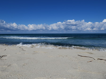 Sandy beach near the ocean with wavesの写真素材