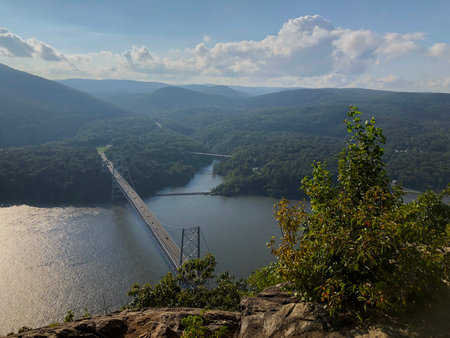 Aerial view of the Bear Mountain bridge across the Hudson river in New York.の写真素材