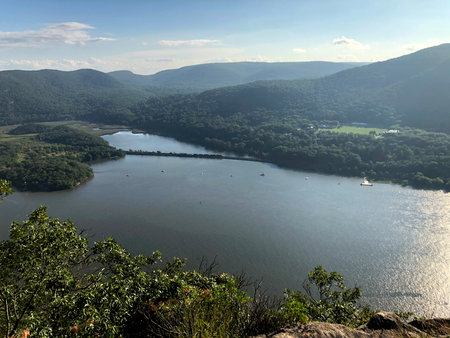 Hazy view from Anthony's Nose of the Hudson River Valley in summer.の写真素材