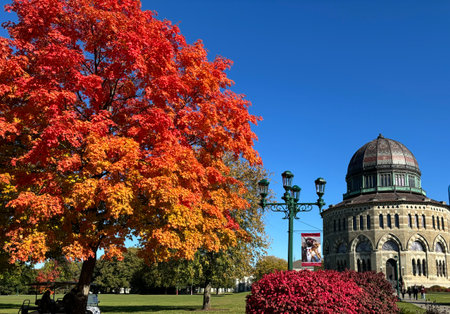 Autumn view of the Nott building at Union College in Schenectady, New York, with a tree with bright fall foliage .の写真素材