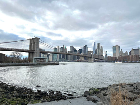 Brooklyn Bridge and Manhattan Skyline, New York City, USA as seen from DUMBO.の写真素材