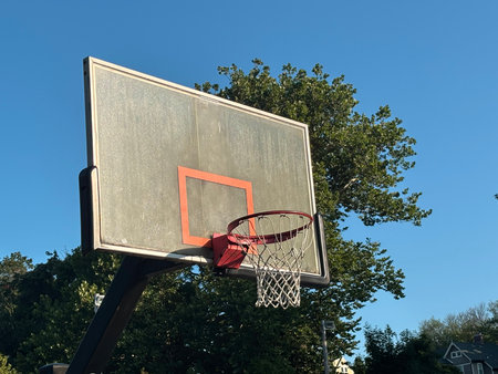 Basketball hoop and backboard with blue sky and trees in the background on a sunny day