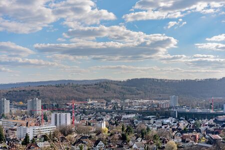 Cityscape of Brugg West with residential districts, industry and the railway embankment.の写真素材