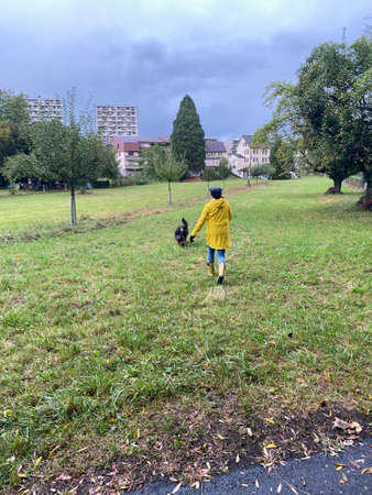 Happy woman in yellow raincoat and rain boots with jaguar pattern playing with dog on rainy day in autumn.の写真素材