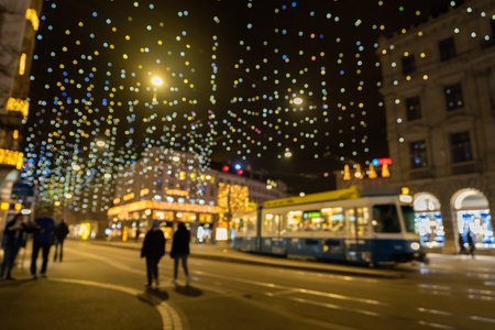 Abstract blurred Christmas lights called Lucy at illuminated Paradeplatz in Zurich. Millions of hanging diamonds, called Lucy, at christmastime at night. Zurich, December 19, 2020.の写真素材