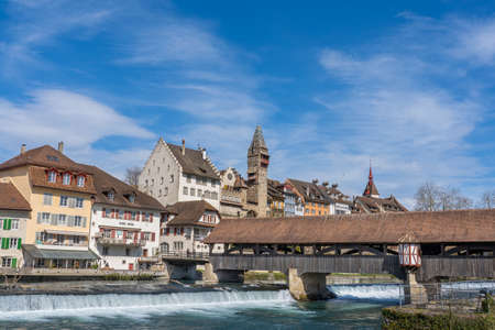 The medieval wooden bridge over Reuss river in Bremgarten is very known and was build 1281. Rebuild...