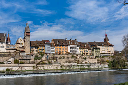 Bremgarten, small town with prominent tower at sunshine in canton Aargau in Switzerland. The tower...
