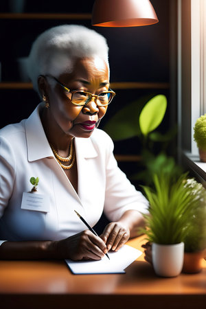 Old black lady sitting at desk writing text in white doctor's coat with plants. Generative AIの素材