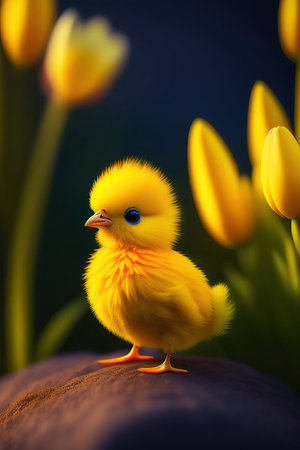 Easter chick standing on egg with yellow tulips in background. Generative AI.の素材