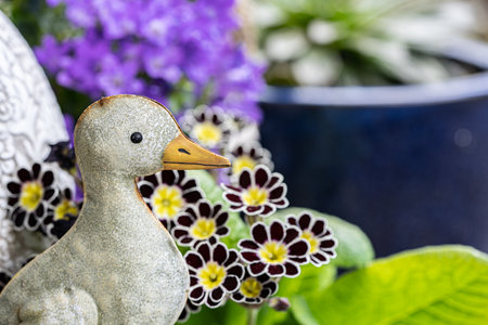 little tin goose standing between primrose and lilac spring flowersの写真素材