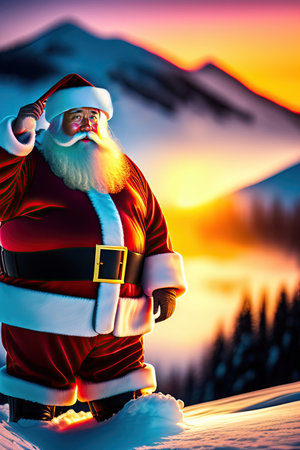 Santa Claus standing in the forest with snow mountain in background at sunset. Generative Ai.の素材