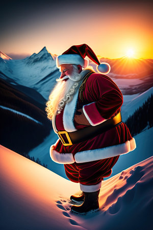 Grinning Santa on snow caped mountain at sunset. Generative Ai.の素材