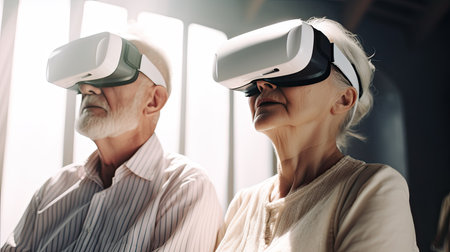 Active elderly couple wearing virtual reality glasses engage in adventure simulations, in bright and natural lighting. The seniors explore, learn, and interact in a virtual world for cognitive health.の素材