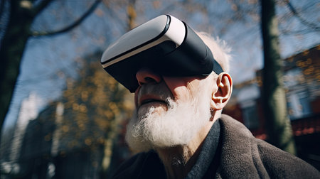 An elderly man sits outdoors in nature wearing virtual reality glasses. The glasses transport him to a world of adventure simulations, with stunning scenery and realistic details. The man appears active and engaged, with a sense of wonder on his face.の素材