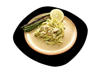 shrimp with asparagus and egg noodles,ingredientの写真素材