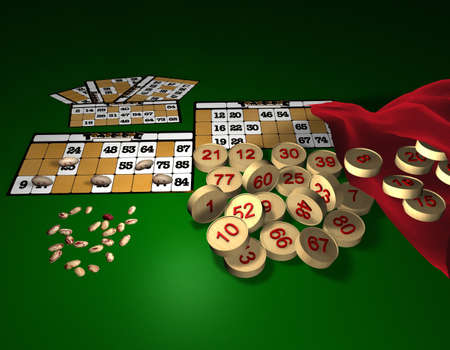 Christmas balls with folders of bingo numbers and its very old gameの写真素材