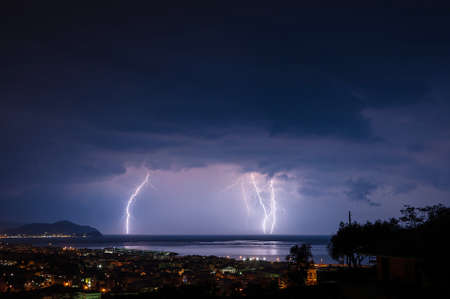 Lightning over the Gulf of Tigullio - Ligurian Seaの写真素材