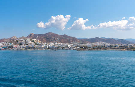 View of Nasso bay and harbor - Cyclades island - Aegean sea - Naxos - Greeceの写真素材