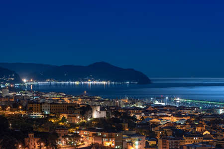 View of the Tigullio bay by night - Chiavari, Lavagna and Sestri Levante - Ligurian sea - Italyの写真素材