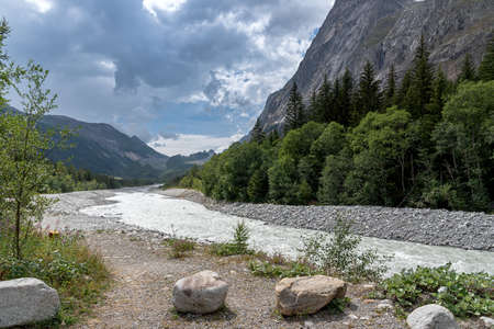 View of the Dora - Val Veny - Courmayeur - Valle d'Aosta - Italyの写真素材