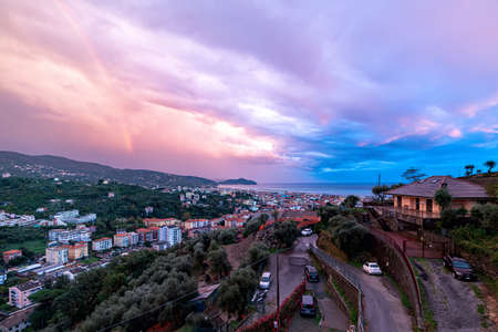 View of Chiavari - rainbow at sunset - Liguria - Italyの写真素材