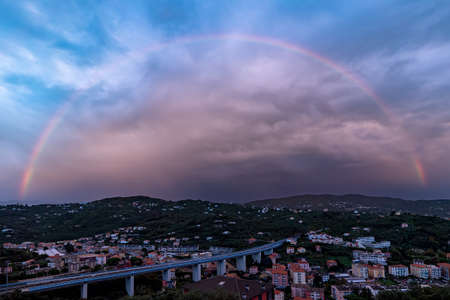View of Chiavari - rainbow at sunset - Liguria - Italyの写真素材