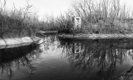 Black and White image of small pond with trees reflection on waterの写真素材
