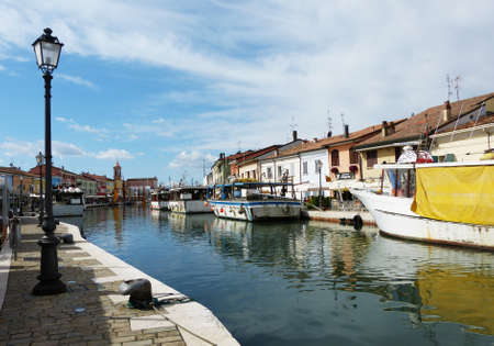 Boats on Leonardesque Canal Port in Cesenatico, Italyのeditorial素材