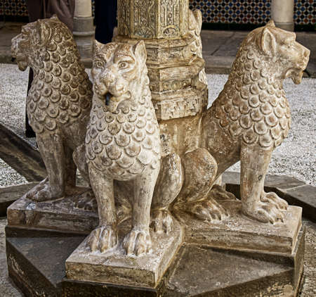 Fountain with lions in Piazza dei Leoni (Lions courtyard) in Rocchetta Mattei. Italyのeditorial素材
