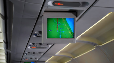 Screen with airplane's on board radar displaying the course from Cairo to Abu Simbel. Egyptの写真素材