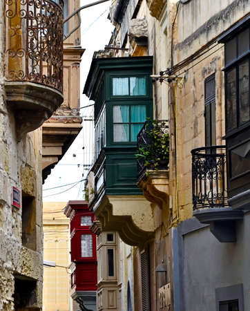 Wooden colorful balconies in center of Valletta. Maltaの写真素材