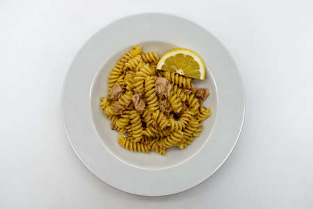 Italian Fusilli Pasta with tuna and lemon in a white dishの写真素材