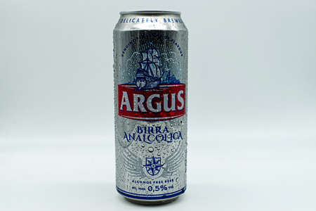 Bologna - Italy - November 22, 2020: Can of Argus Alcohol Free Beer isolated on white background.のeditorial素材