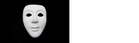 White mask banner isolated on black background. Web Banner with space for textの写真素材