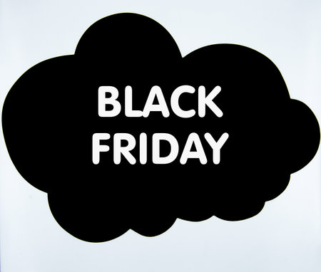 Black cloud  with inscription Black Friday isolated on white background. Black Friday conceptの写真素材