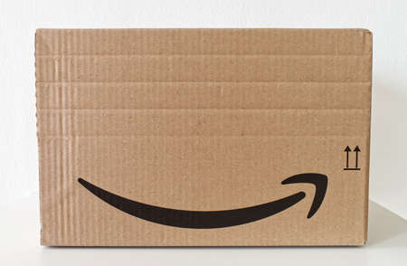 Bologna - Italy - September 21, 2021: Amazon Prime package box isolated on white background