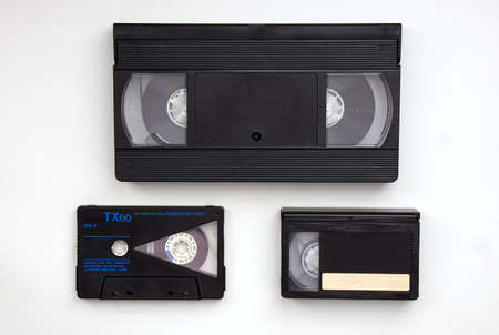 Vintage Media storage cassette tapes evolution: VHS, Audio Cassette Tape, VHS-C. Technology from the...