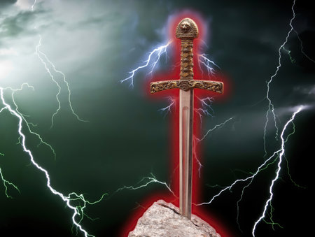 Excalibur, the mythical sword in the stone of King Arthur in a lightning storm backgroundの写真素材
