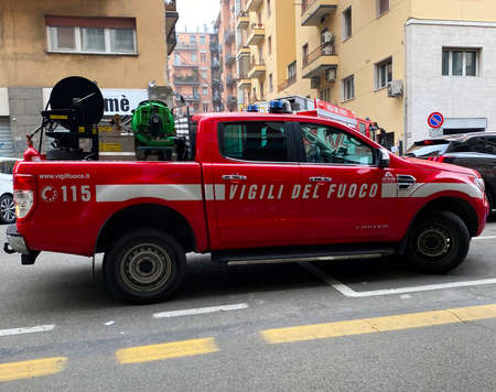 Bologna - Italy - February 19, 2022: Fire Brigade (Vigili del Fuoco) vehicle. Bologna, Italy