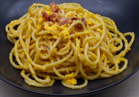 Traditional Italian Spaghetti alla Carbonara close-up.の写真素材